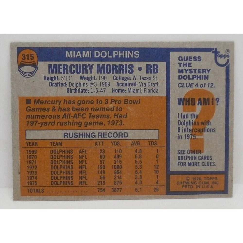 1976 Topps #315 Mercury Morris Miami Dolphins Football Card